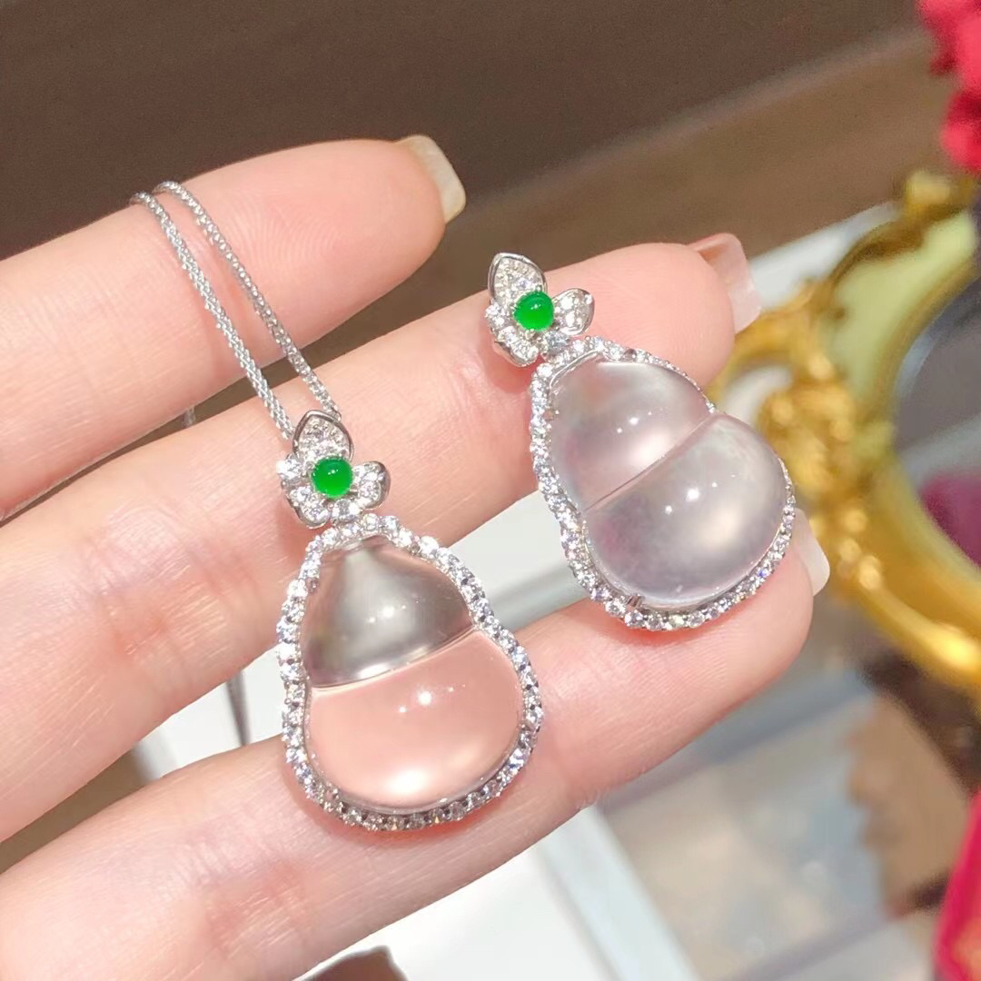 银s925镶嵌天然白色石英质玉经典百搭葫芦女颈饰冰透珠宝玉石吊坠