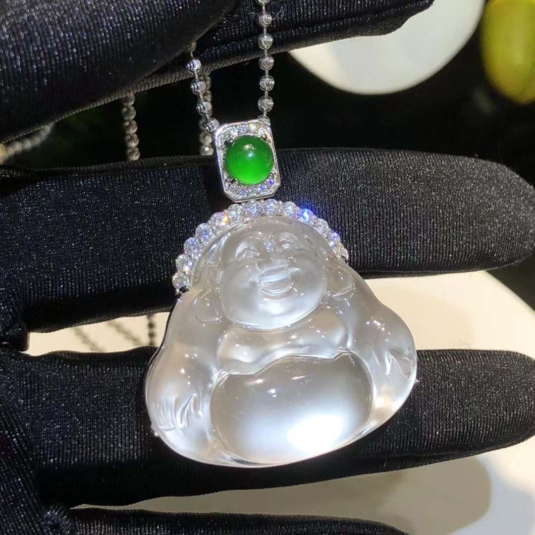 s925银饰镶嵌天然白色石英质玉大号佛公挂件女款简约百搭玉石吊坠