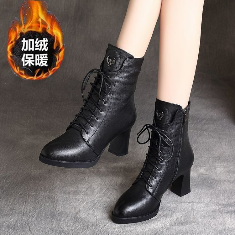 断码意尓康真皮马丁靴2023秋新款英伦风时尚粗跟系带加绒保暖短靴