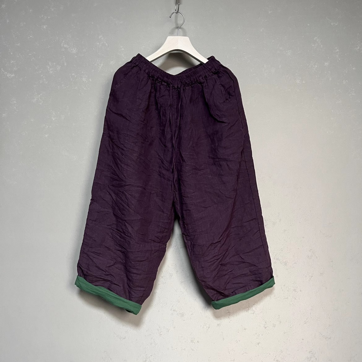 舒适紫色亚麻砂洗双层休闲长裤拼色百搭女裤长90臀围130