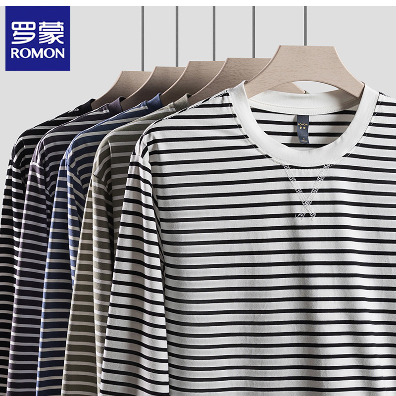 Romon/罗蒙上衣速干秋季休闲圆领长袖弹力男士运动条纹宽松