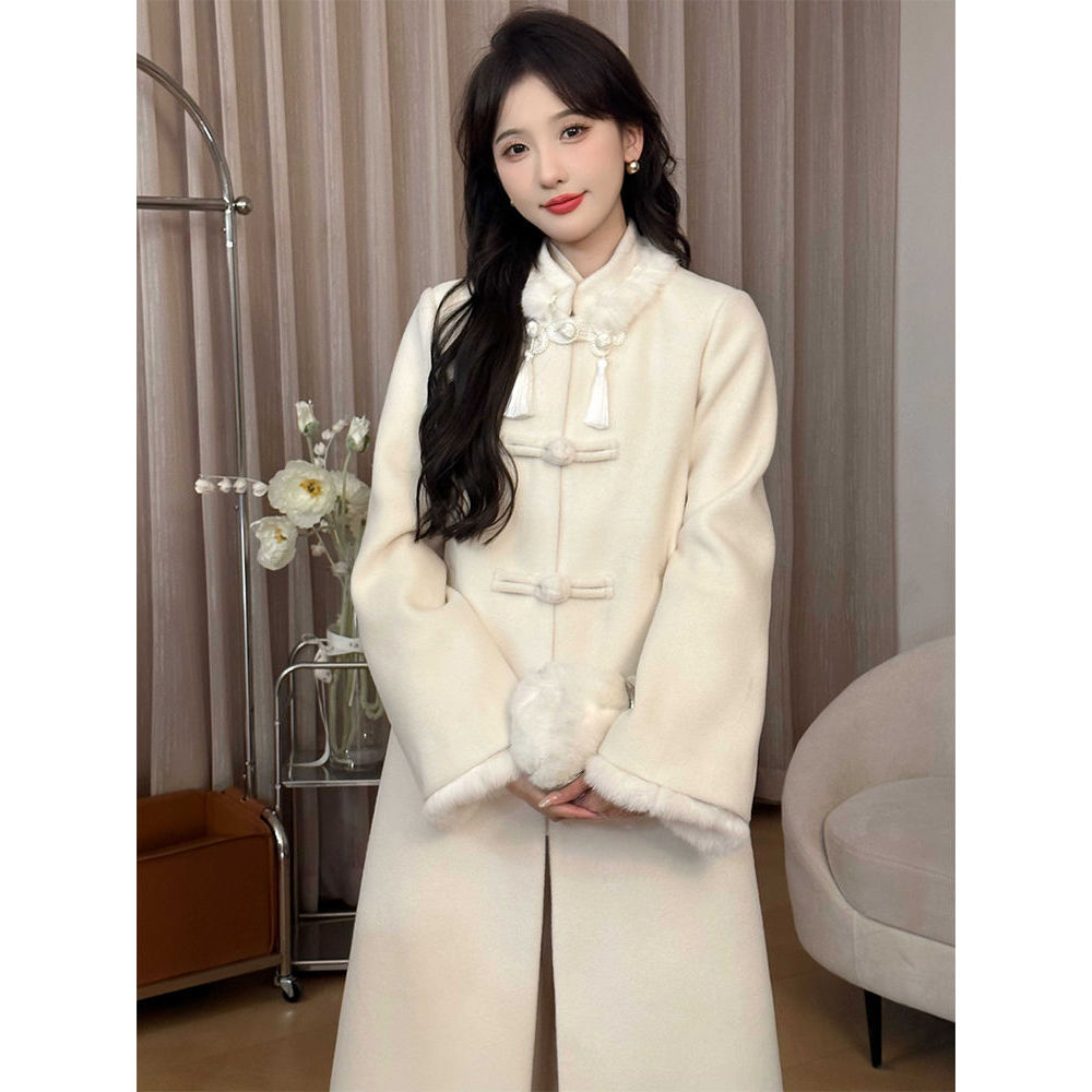 【寒香见】新中式毛呢大衣女保暖设计感外套小个子夹棉中长款大衣女