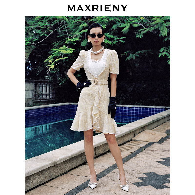 【老板娘夏天】MAXRIENY搭片围裹式短裙夏季蕾丝波点连衣裙