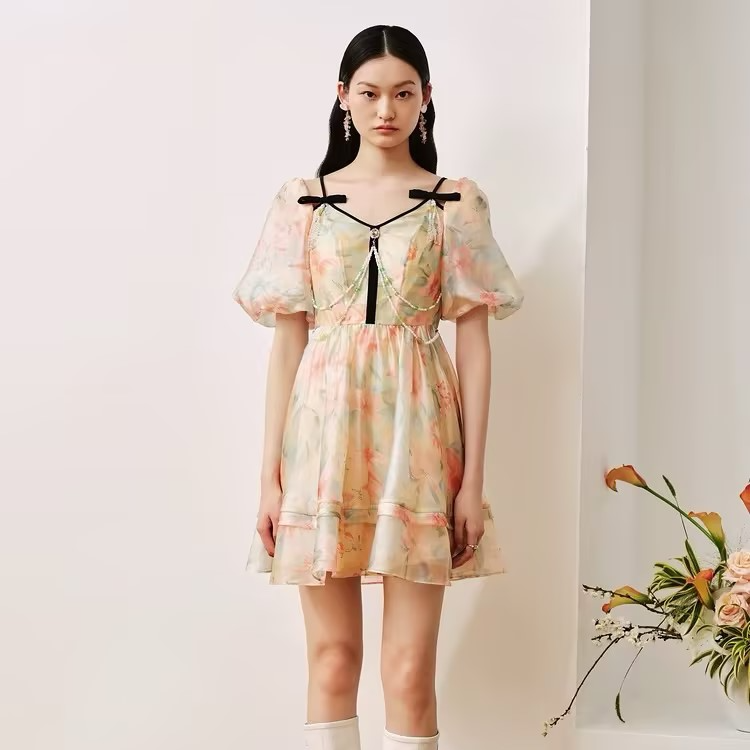 【媛媛女王】MAXRIENY繁花连衣裙油画花卉印花欧根纱裙子连衣裙