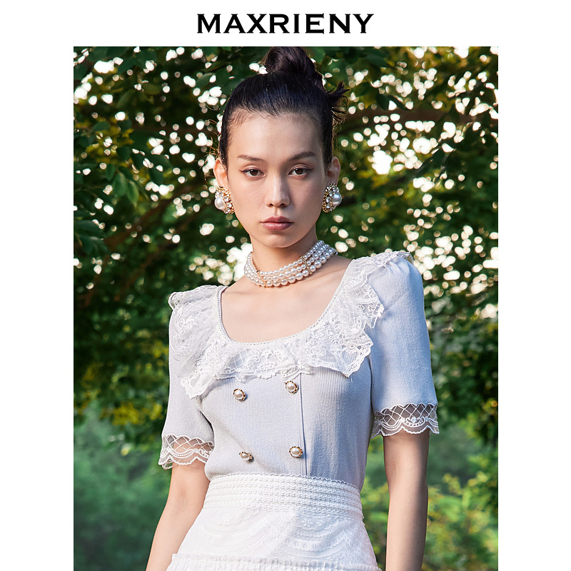 【彭彭echo专属】MAXRIENY彼得潘领毛衫夏宫廷风刺绣针织上衣气质