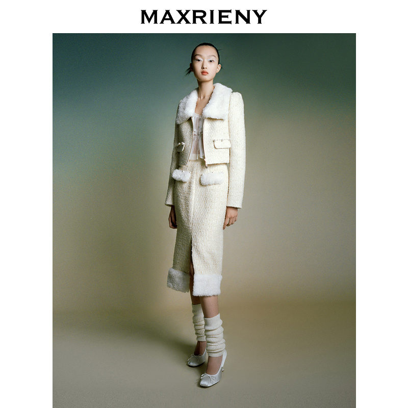 【若谷大大】MAXRIENY法式小香风羊毛半身裙女高腰气质开叉中长裙