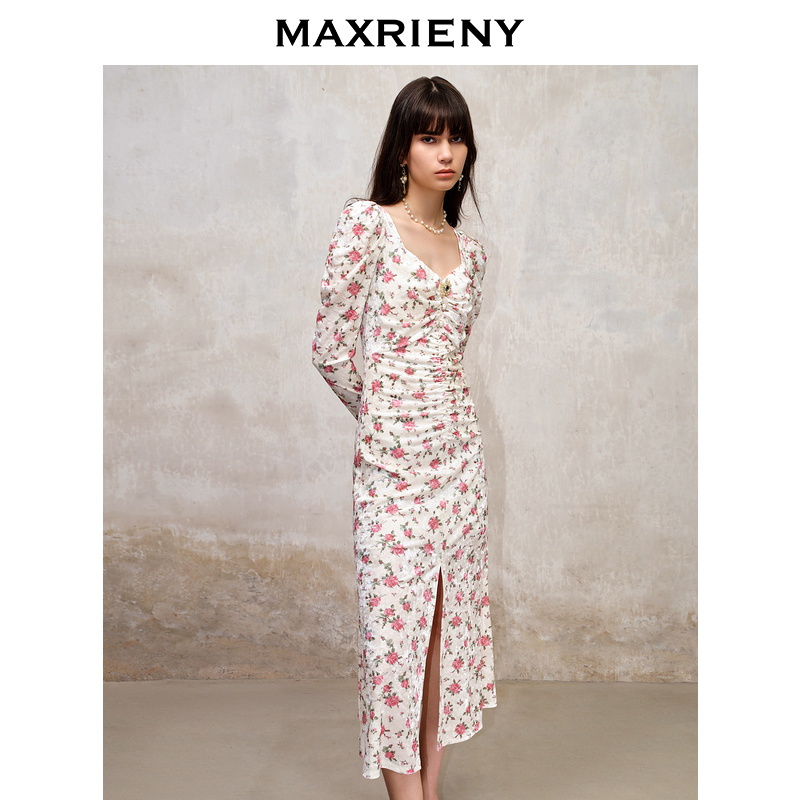【达人专属】MAXRIENY秋长袖连衣裙时尚碎花修身高腰针织法式