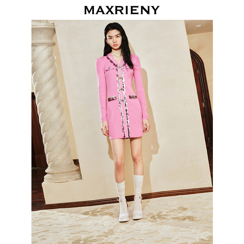 【陈大可专属】MAXRIENYKitty粉v领小香连衣裙裙子女