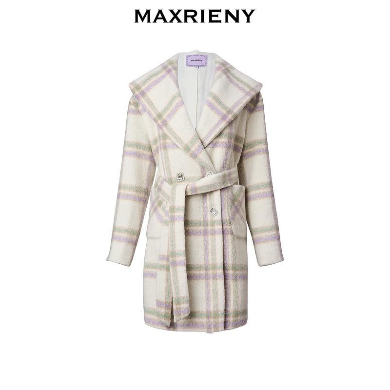 【诗语专属】MAXRIENY极简大衣紫格纹设计冬新款简约外套中长