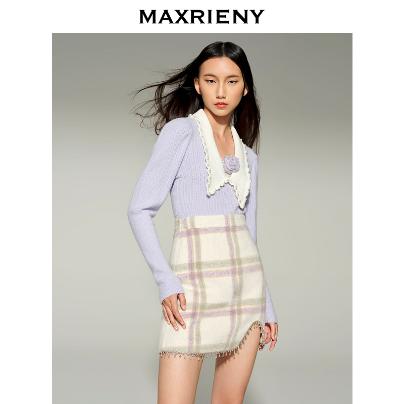 【达人专属】MAXRIENY午夜巴黎半身裙冬装高腰毛呢短裙半裙女