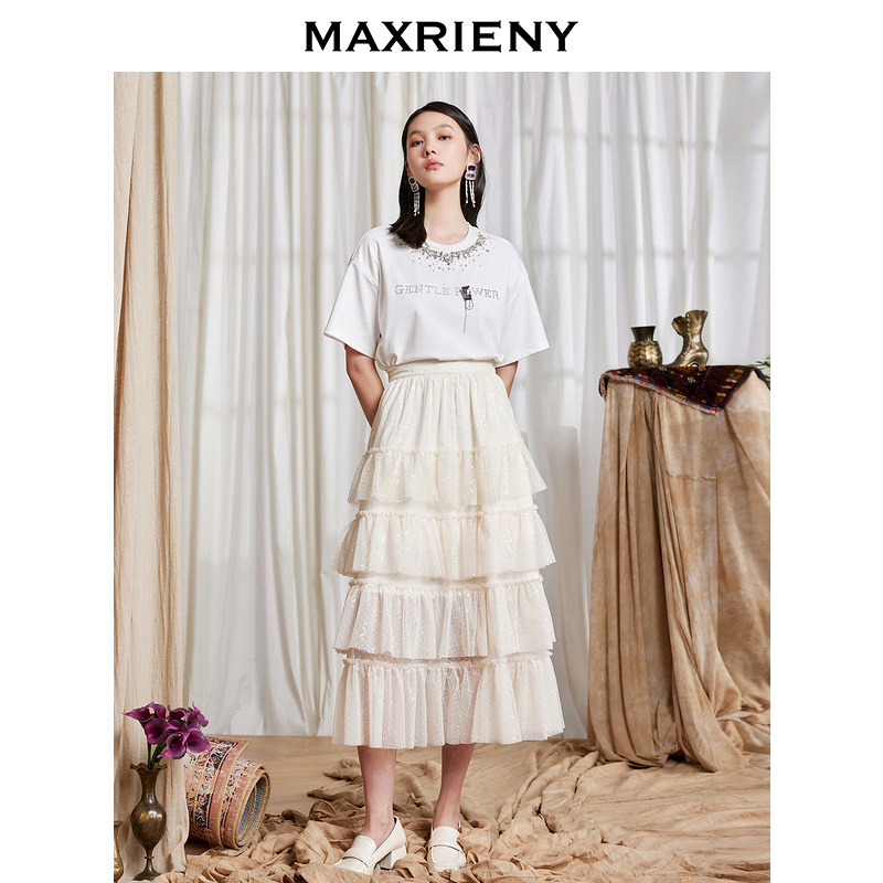 【老板娘夏天】MAXRIENY网纱亮片塔裙夏蕾丝半身裙高腰蛋糕裙
