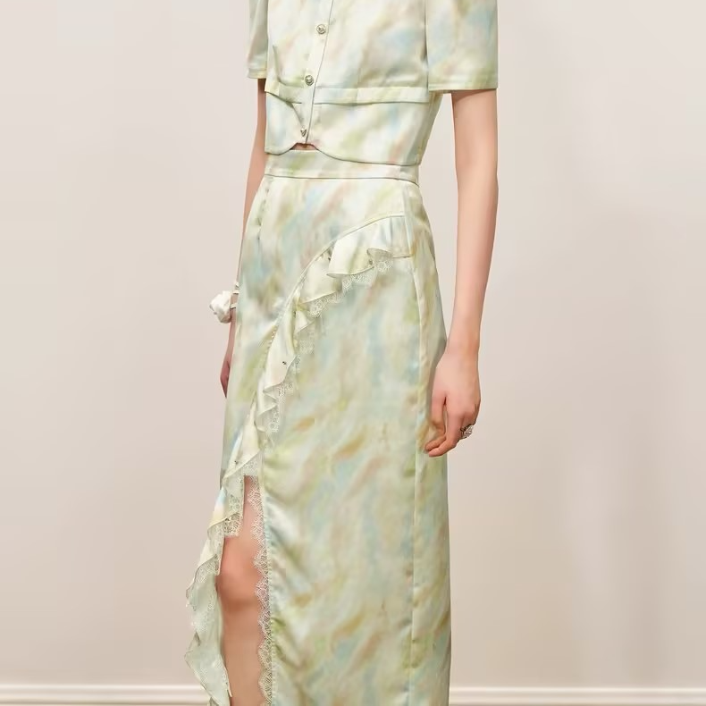 【毛毛专属】MAXRIENY油画感晕染印花荷叶边半身直筒开叉裙