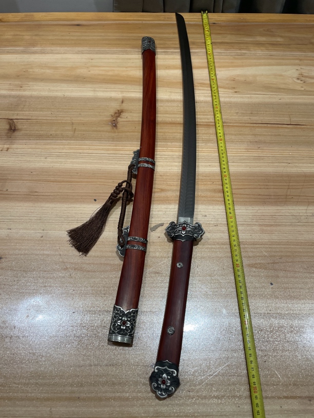 1731白铜酸枝木羽毛纹夹钢长款弯唐刀未开刃