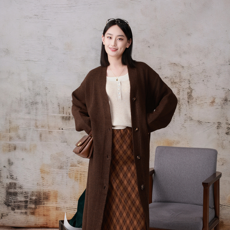 西町村屋气质休闲长款开衫女装秋冬新款文艺百搭针织衫XH9D10155
