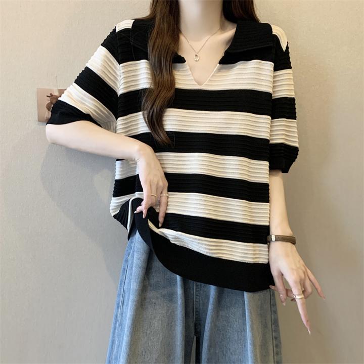 大码条纹POLO领冰丝短袖T恤女夏季新款胖mm休闲百搭显瘦宽松上衣