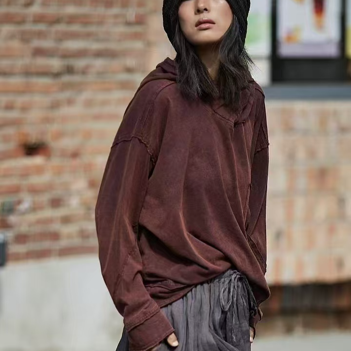 木木棉麻分享（麻依者）M--032连帽宽松做旧百搭纯棉秋冬纯色卫衣