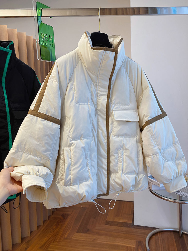 90白鸭绒立领羽绒服女2023新款设计感小众宽松休闲撞色包边拼接潮