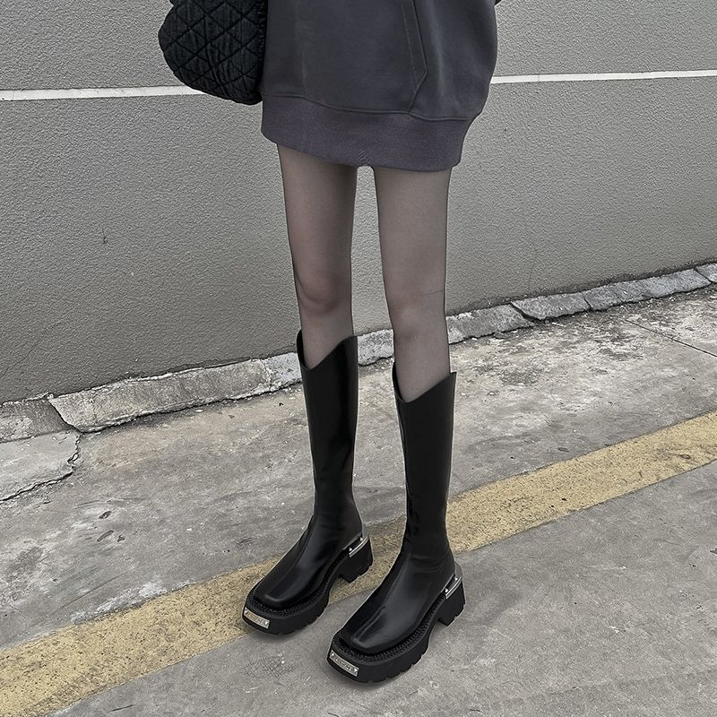 甜酷长筒靴女2023新款骑士靴丝袜厚底机车靴小个子V口长靴小众潮