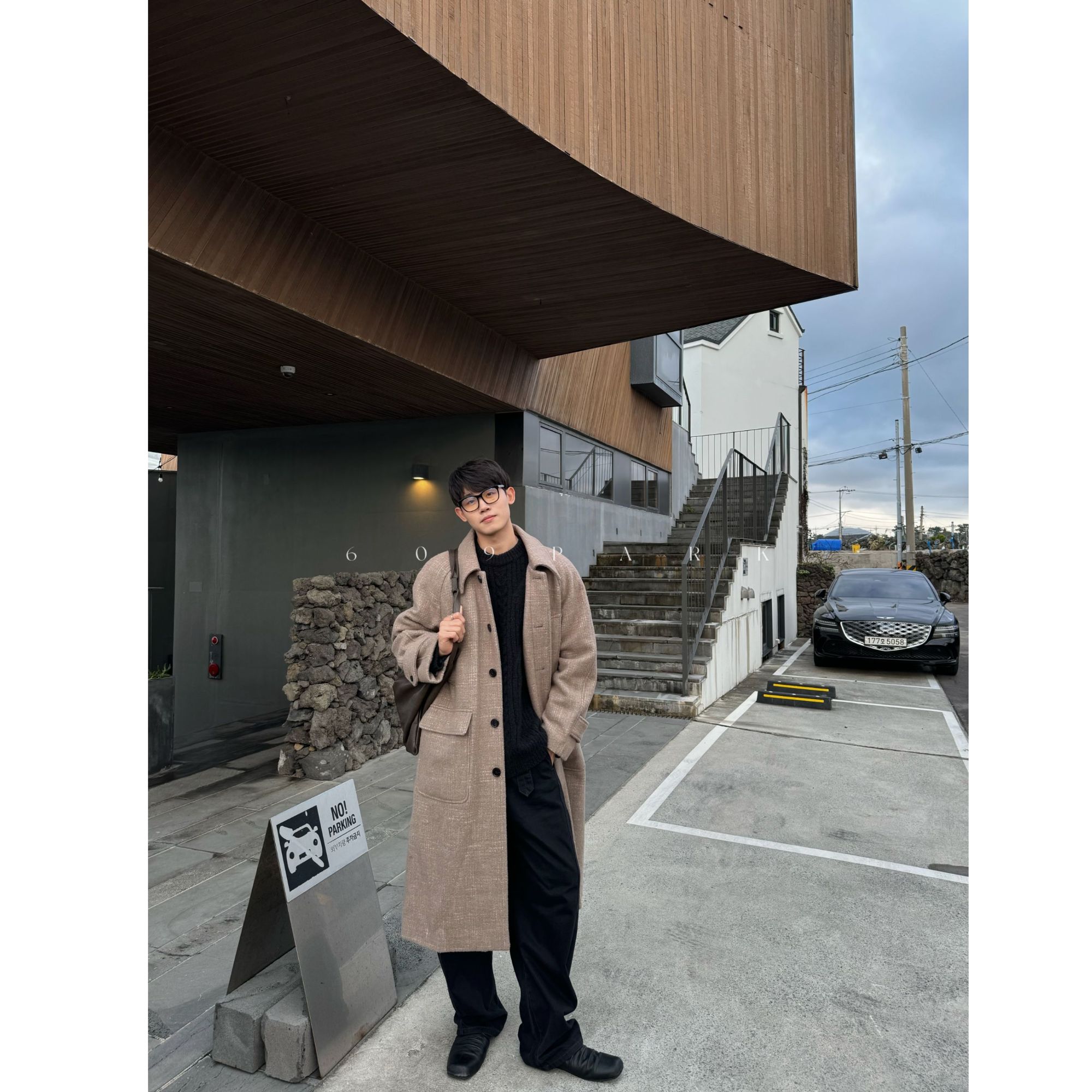 609PARK雪花点双面呢胸口斜插袋设计单排扣长款男羊驼大衣ST712