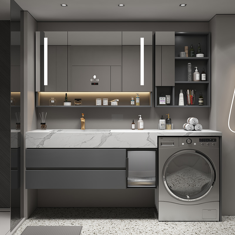 铂徳尼现代简约岩板浴室柜组合卫生间洗漱台面盆洗手池洗衣机一体