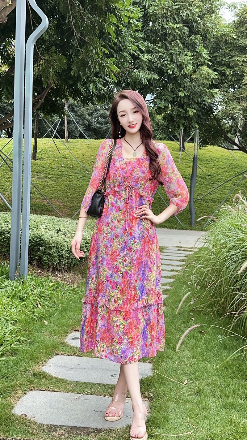 【24064万紫千红】高端时尚印花桑蚕丝显瘦复古真丝连衣裙长115