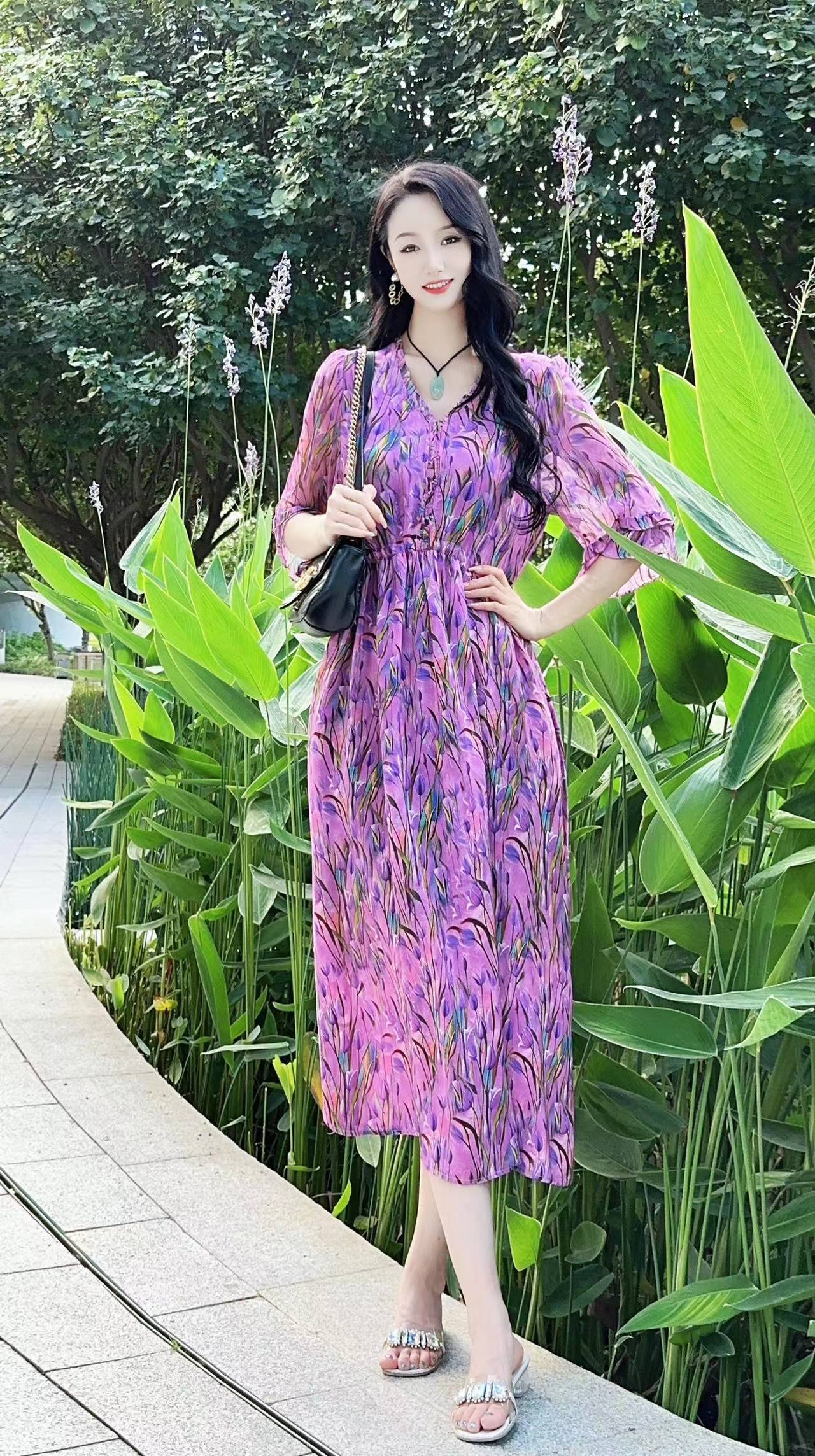 【24123繁花梦境】高端时尚印花桑蚕丝显瘦复古真丝连衣裙长113