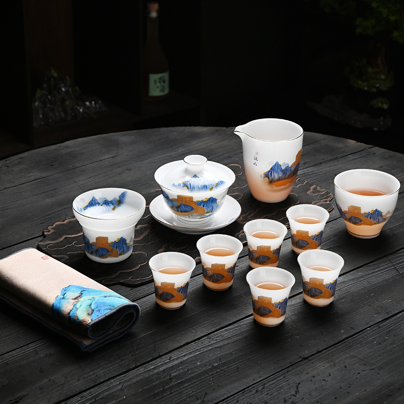 冰种羊脂玉瓷功夫茶具家用客厅轻奢盖碗泡茶杯套装高档白瓷礼盒装