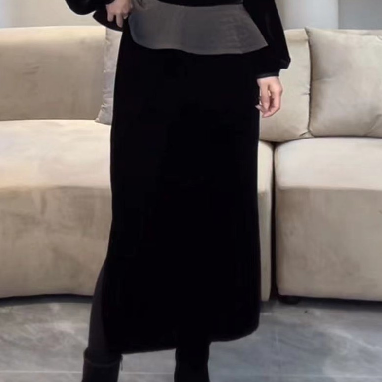 真丝丝绒净版侧开叉半身裙（升级面料）.