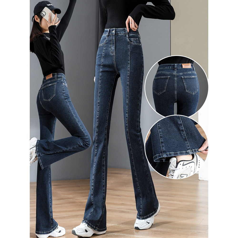 GUIDI FAME喇叭裤子女2023新款秋冬弹力高腰小个子微喇加绒牛仔裤