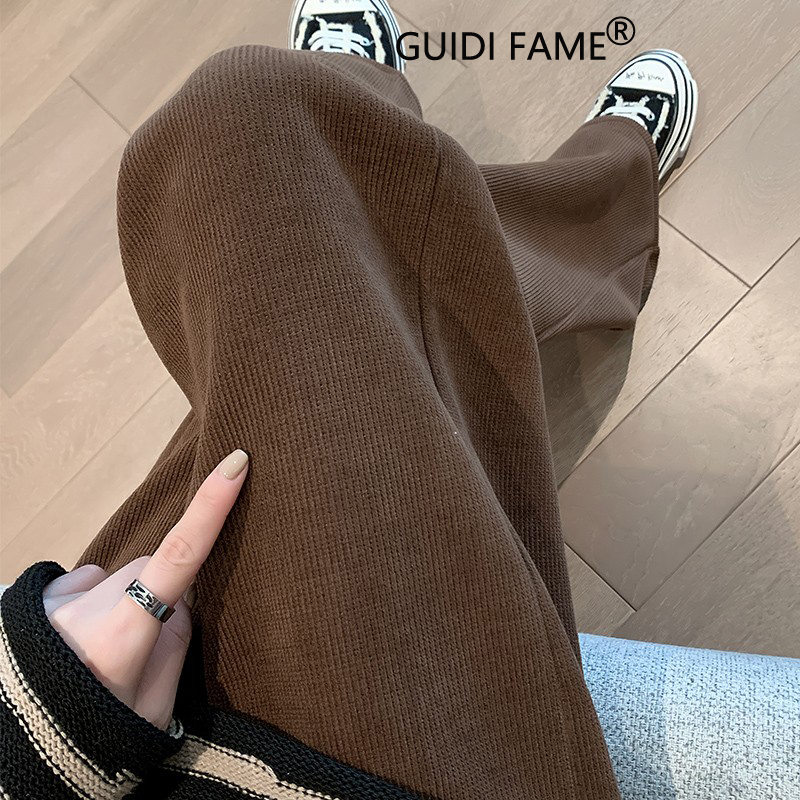 GUIDI FAME棕咖色灯芯绒裤女秋冬加绒直筒高腰垂感条绒拖地阔腿裤