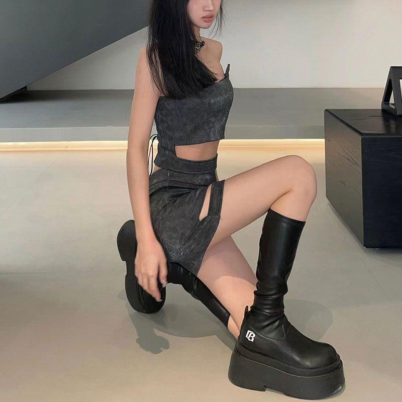 欧美辣妹骑士靴女厚底圆头黑色百搭不过膝高筒靴套筒潮流时装长靴