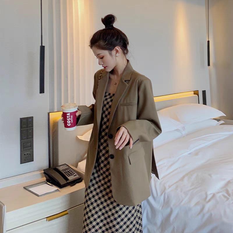 宽松百搭韩版中长款西装2023年新款小个子气质纯色炸街九分袖西装