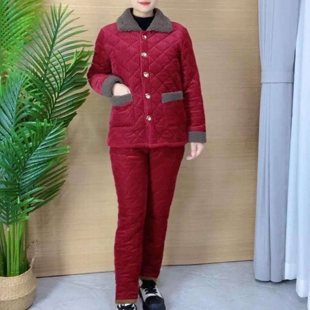 冬季新款妈妈装加绒加厚洋气休闲棉衣套装保暖中老年妈妈棉衣裤