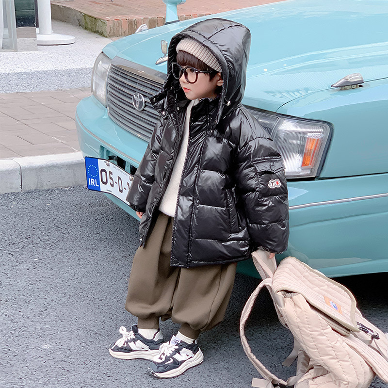 鸭鸭男童亮面羽绒服免洗2023新款冬装连帽外套儿童冬季三防加厚面
