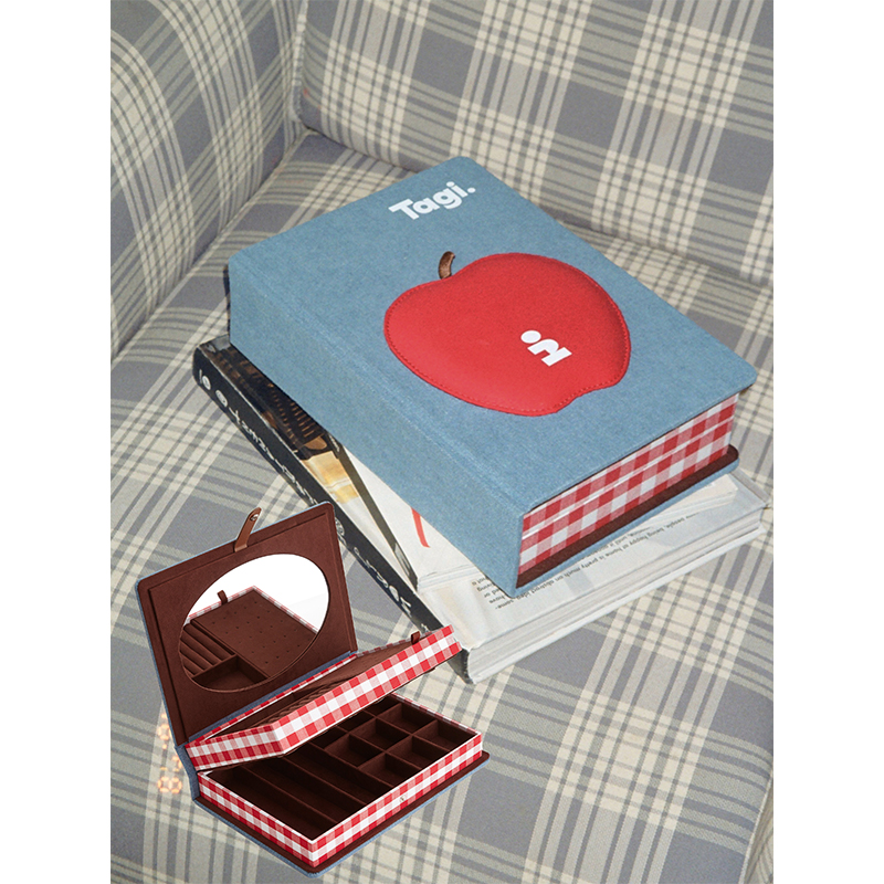 Tagi.想象鼓鼓苹果大容量双层书本镜子首饰收纳布艺搭扣盒手工
