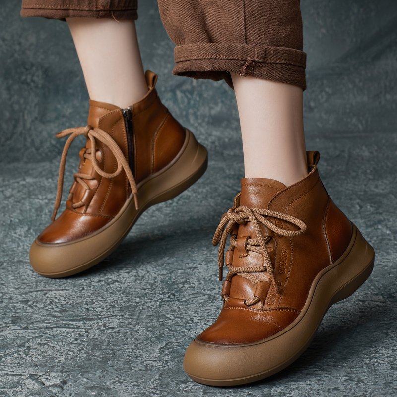 【大金优选】2024秋冬新款手工真皮复古圆头厚底短靴侧拉链马丁靴