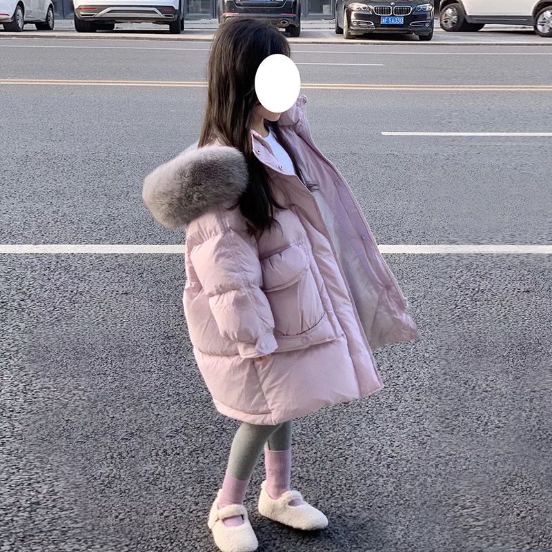女童洋气毛领连帽服中长款儿童2023新款加厚保暖外套