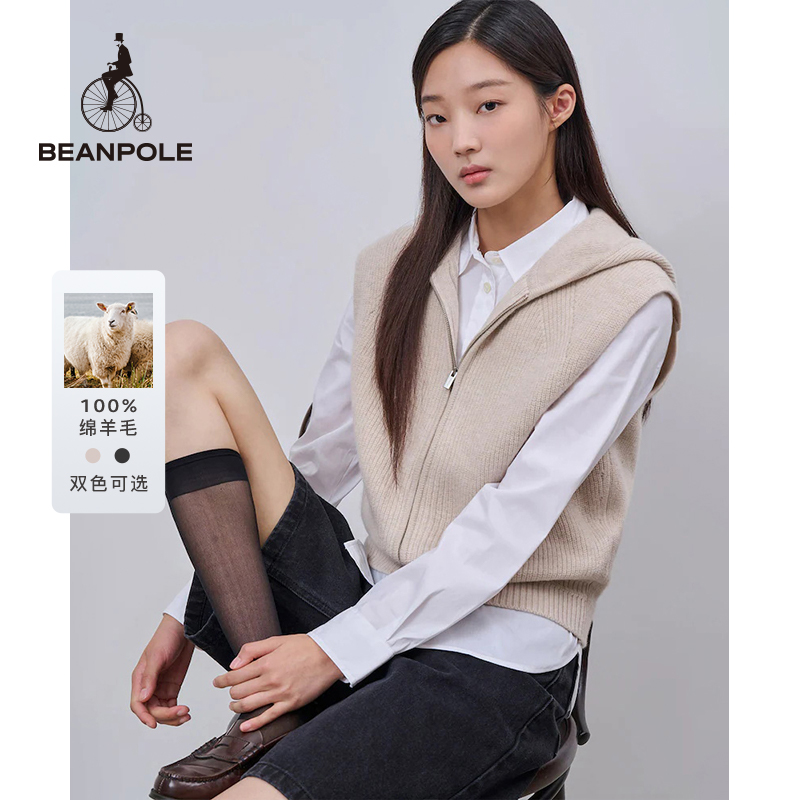 BEANPOLE滨波2024秋冬新款100%绵羊毛女士连帽无袖马甲BF485UC02