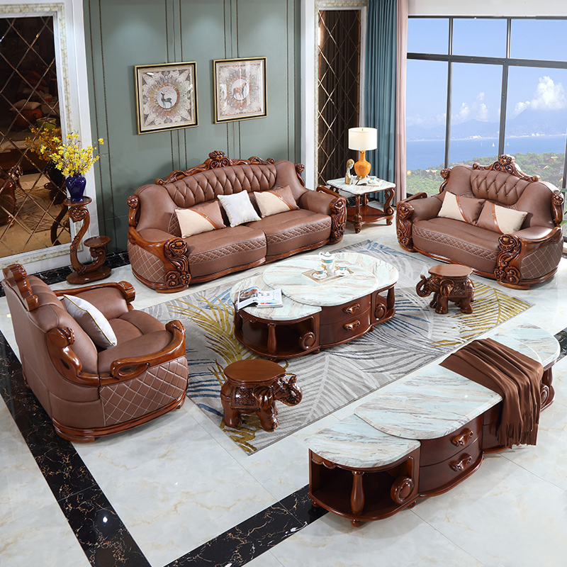 欧式头层真皮如意雕花别墅沙发123组合大小户型高档奢华客厅家具
