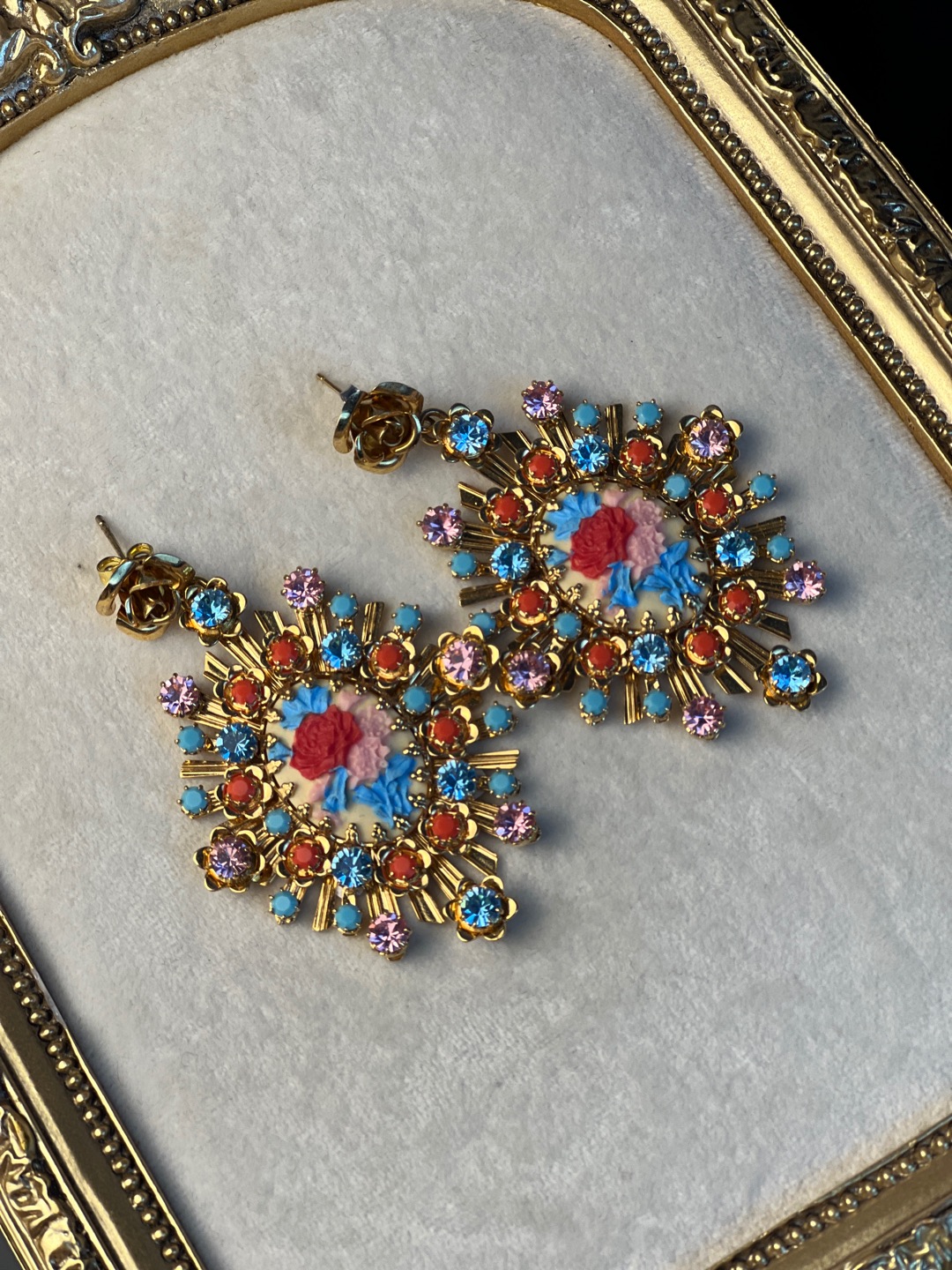 合金耳饰 中古女孩vingtage意大利品牌打标花朵图腾琉璃复古耳针