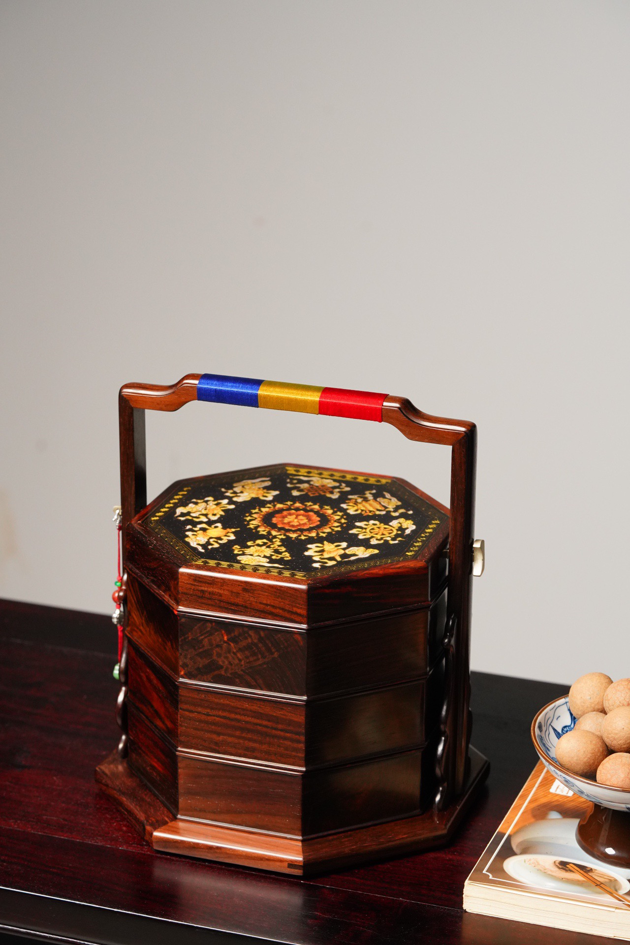 老挝大红酸枝景泰蓝八宝纹提盒