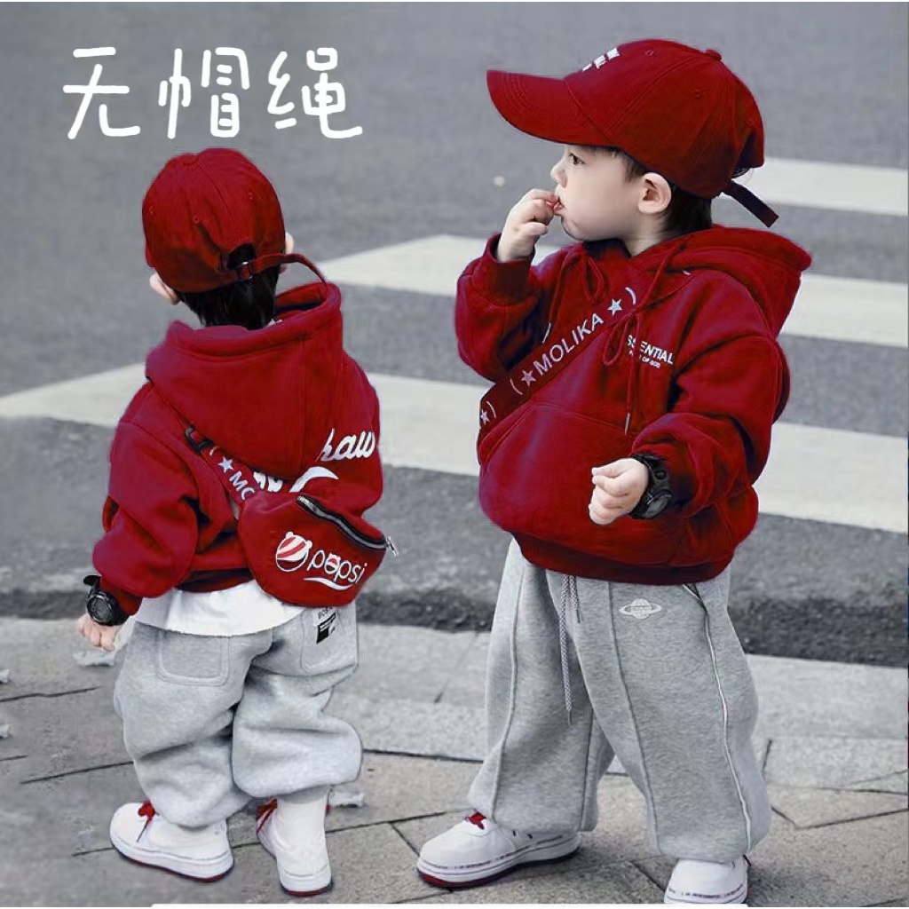 男童加绒红色卫衣春秋冬装新款宝宝保暖上衣无帽绳儿童
