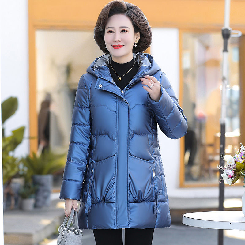鸭鸭中老年冬季中长款棉衣外套女妈妈装加厚连帽棉袄免洗亮面羽绒