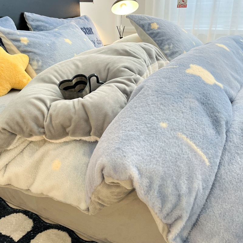 兔毛绒加厚床上四件套冬季双面牛奶绒被套床单被罩款三件套雪花绒