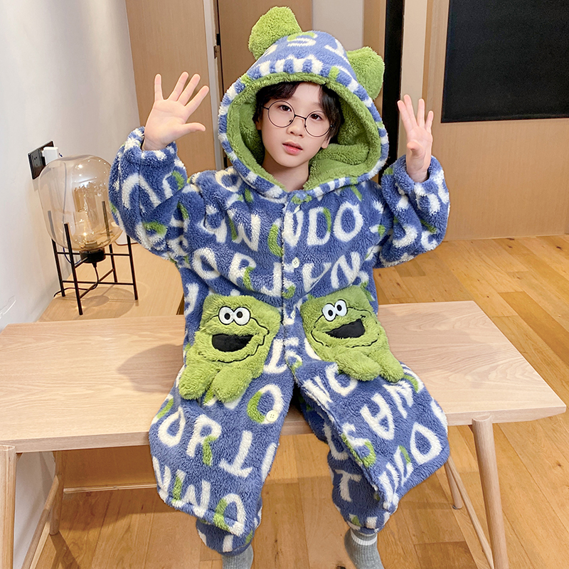 睡衣男童秋冬季加绒加厚睡袍长款珊瑚绒卡通保暖法兰绒家居服男孩