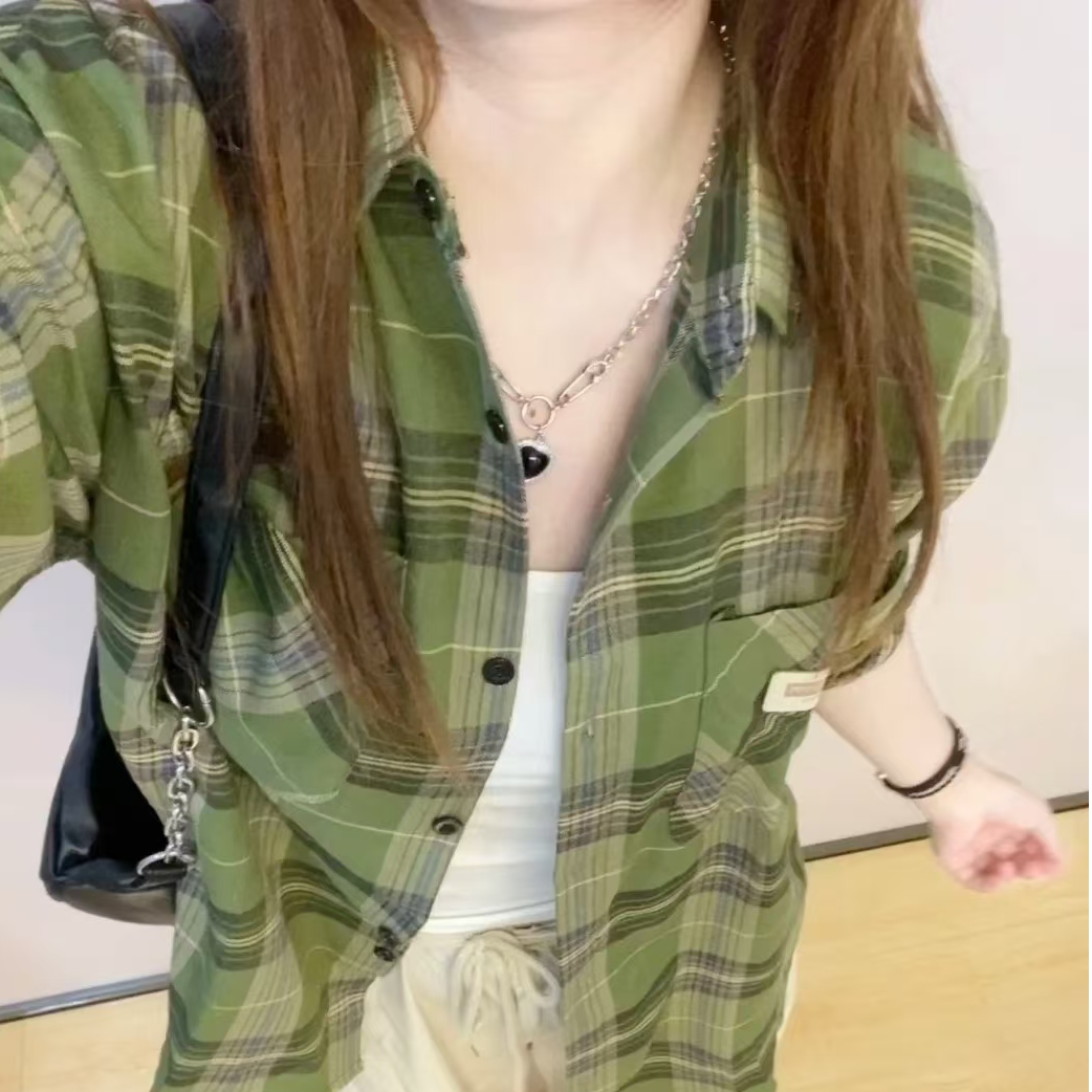 2024新款美式复古绿色格子衬衫外套女秋季慵懒风衬衣格子衫外套