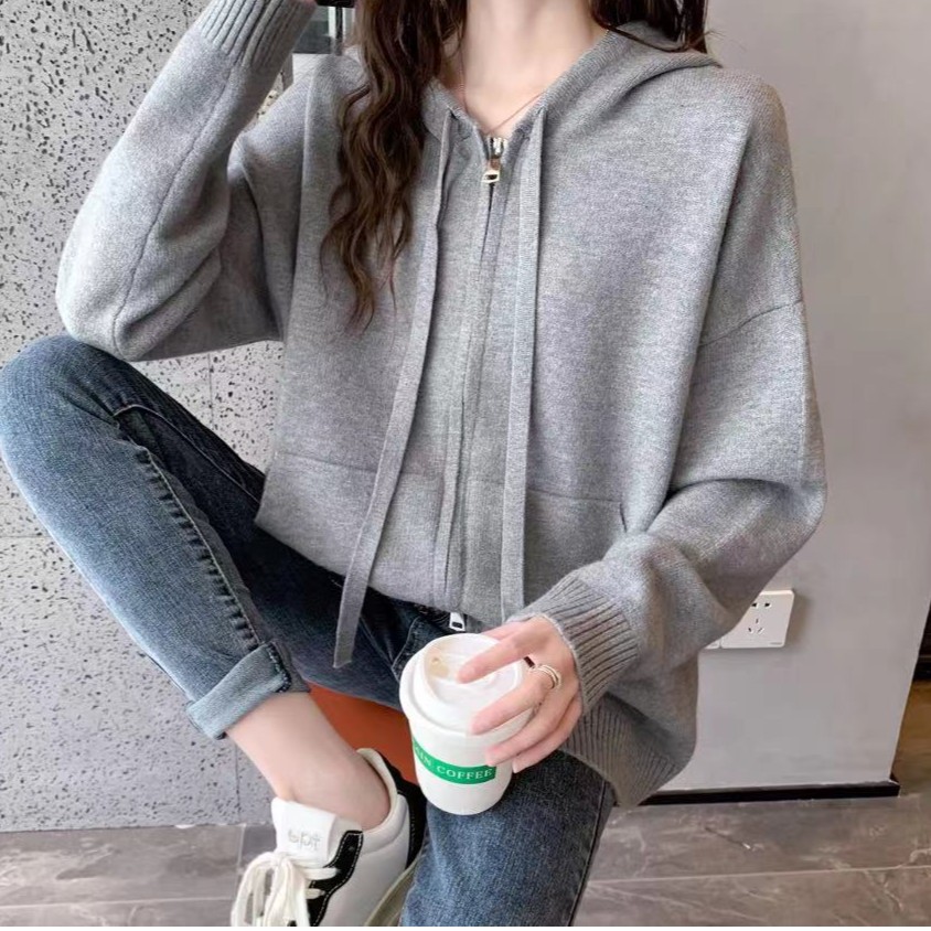 521秋冬新款韩版宽松慵懒拉链连帽加厚针织开衫休闲毛衣外套