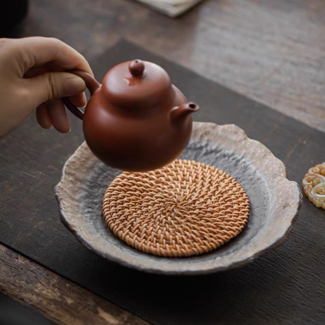 陶瓷藤编壶承干泡台紫砂壶托底座日式茶台茶壶托盘茶承盘复古壶垫