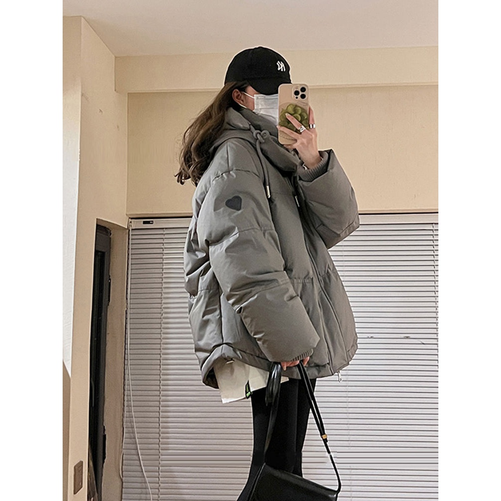 灰色爱心短款羽绒服女2023年新款男女情侣加厚学生面包服外套冬