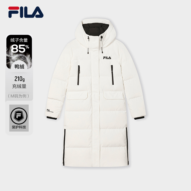 FILA斐乐女冬季运动中长款羽绒服防泼水抗油污保暖厚羽绒外套